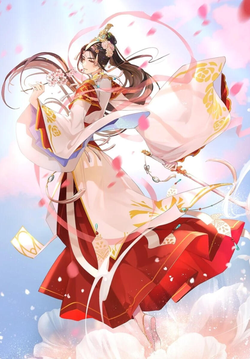 xie lian in his beautiful prince outfit, with flower in one hand and sword in the other