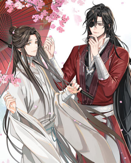 xie lian and hua cheng standing under an umbrella with some branches of pink flowers around